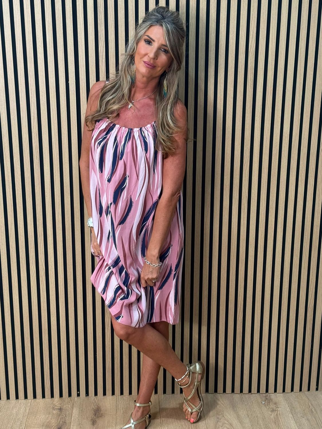 Abstract Print Strappy Dress – Pink