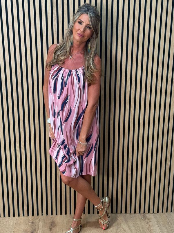 Abstract Print Strappy Dress – Pink