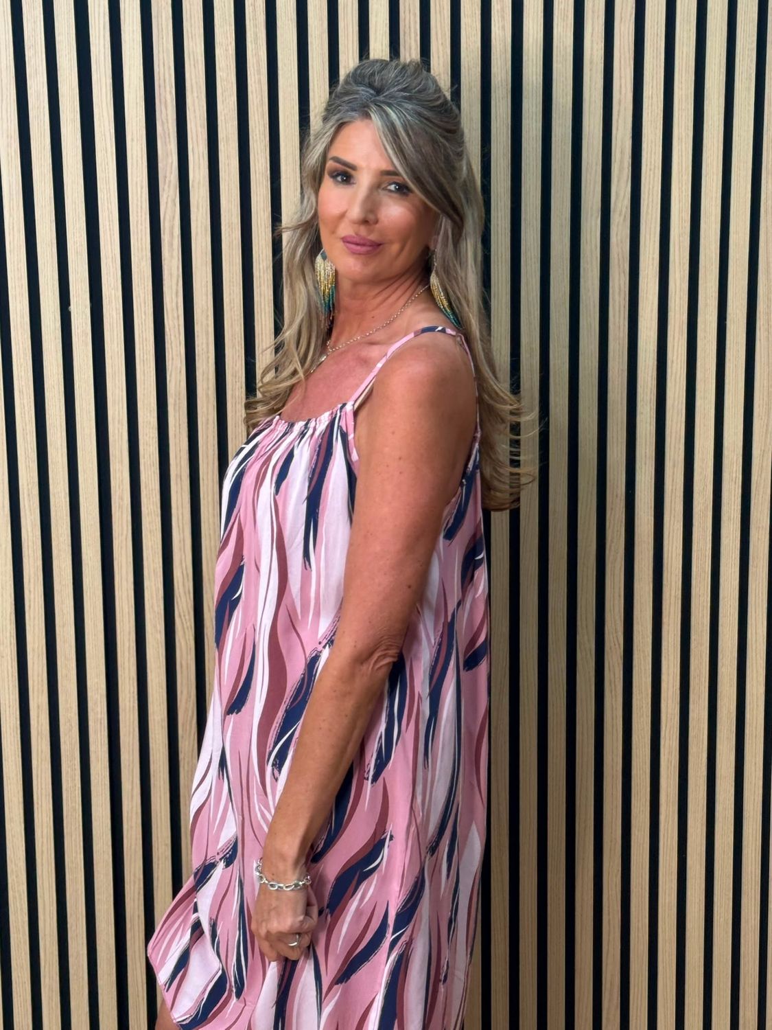 Abstract Print Strappy Dress – Pink