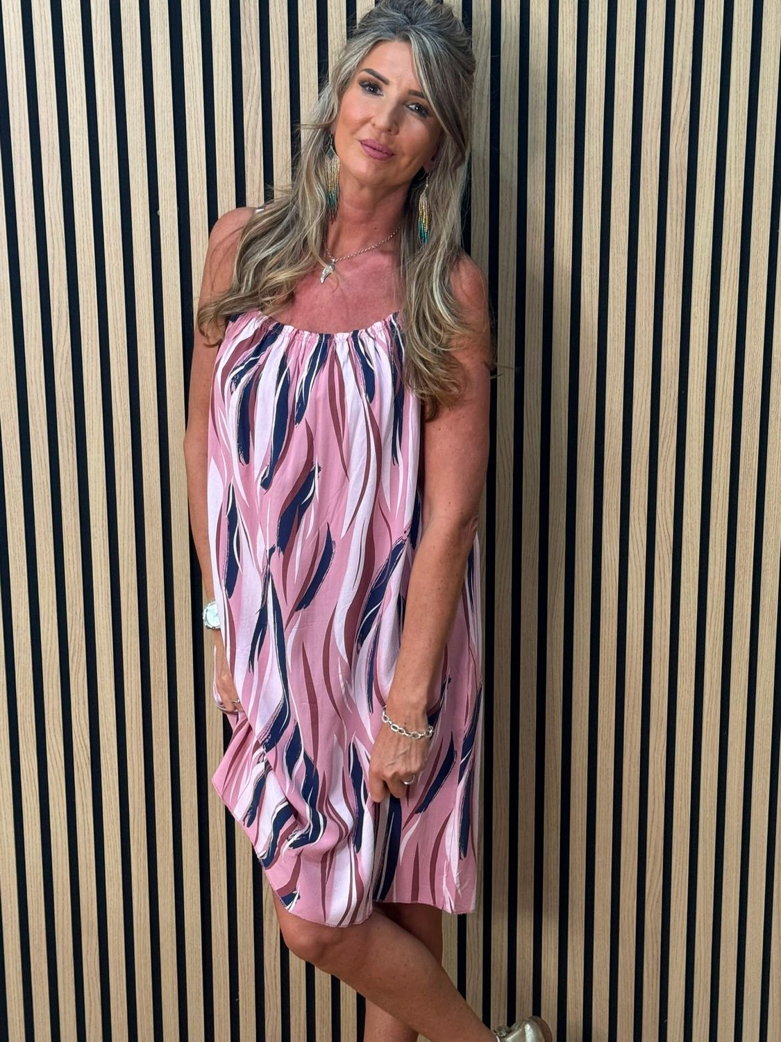 Abstract Print Strappy Dress – Pink