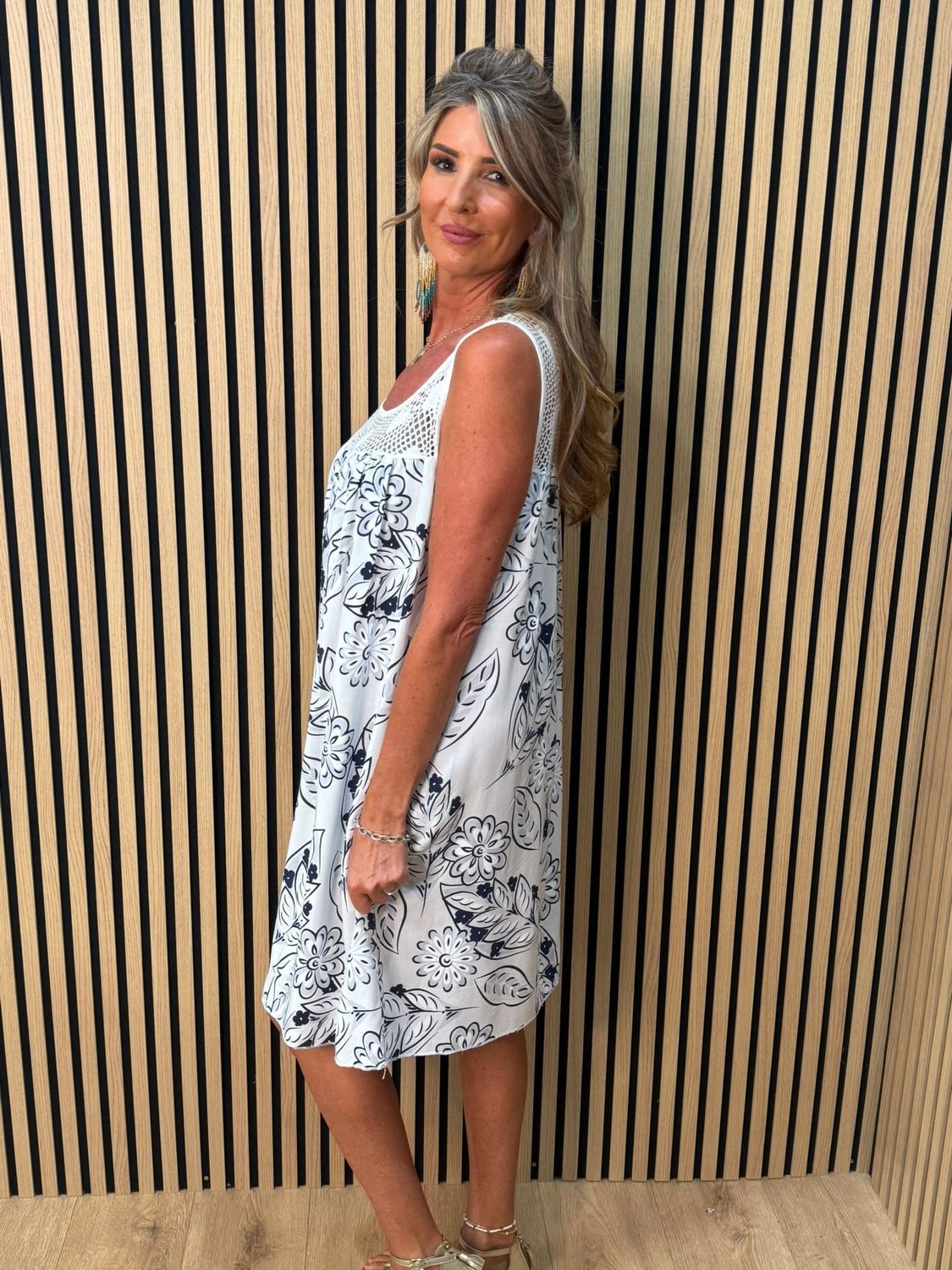 Floral Crochet Panel Dress – White