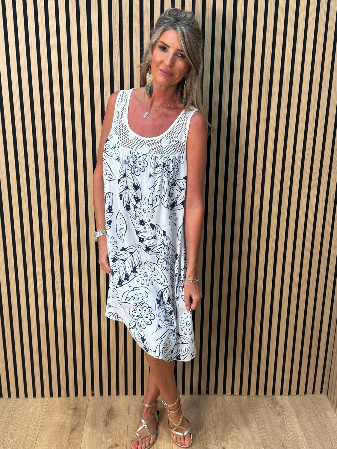 Floral Crochet Panel Dress – White