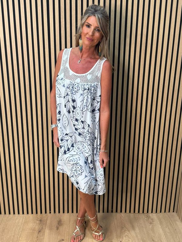 Floral Crochet Panel Dress – White