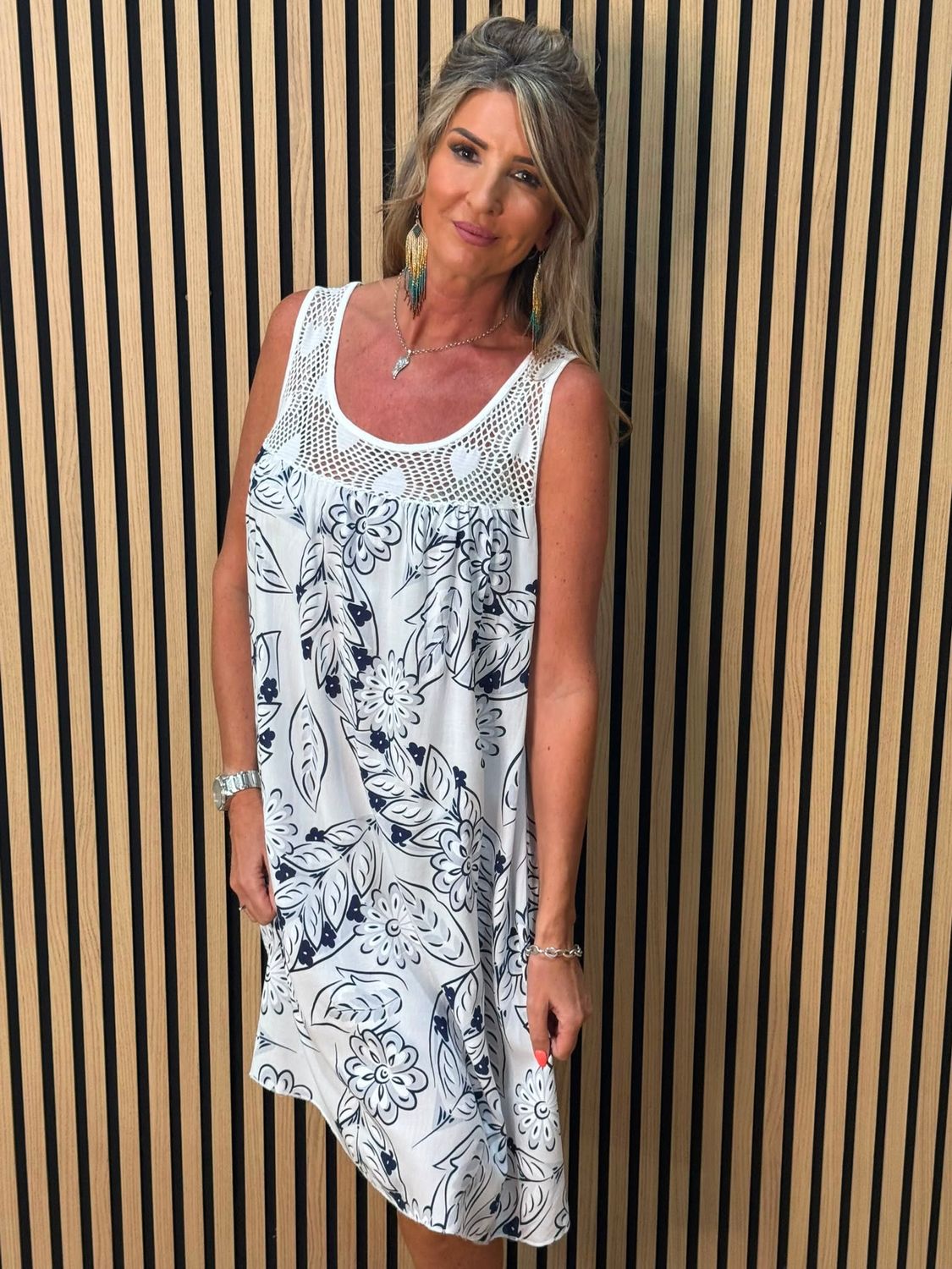 Floral Crochet Panel Dress – White
