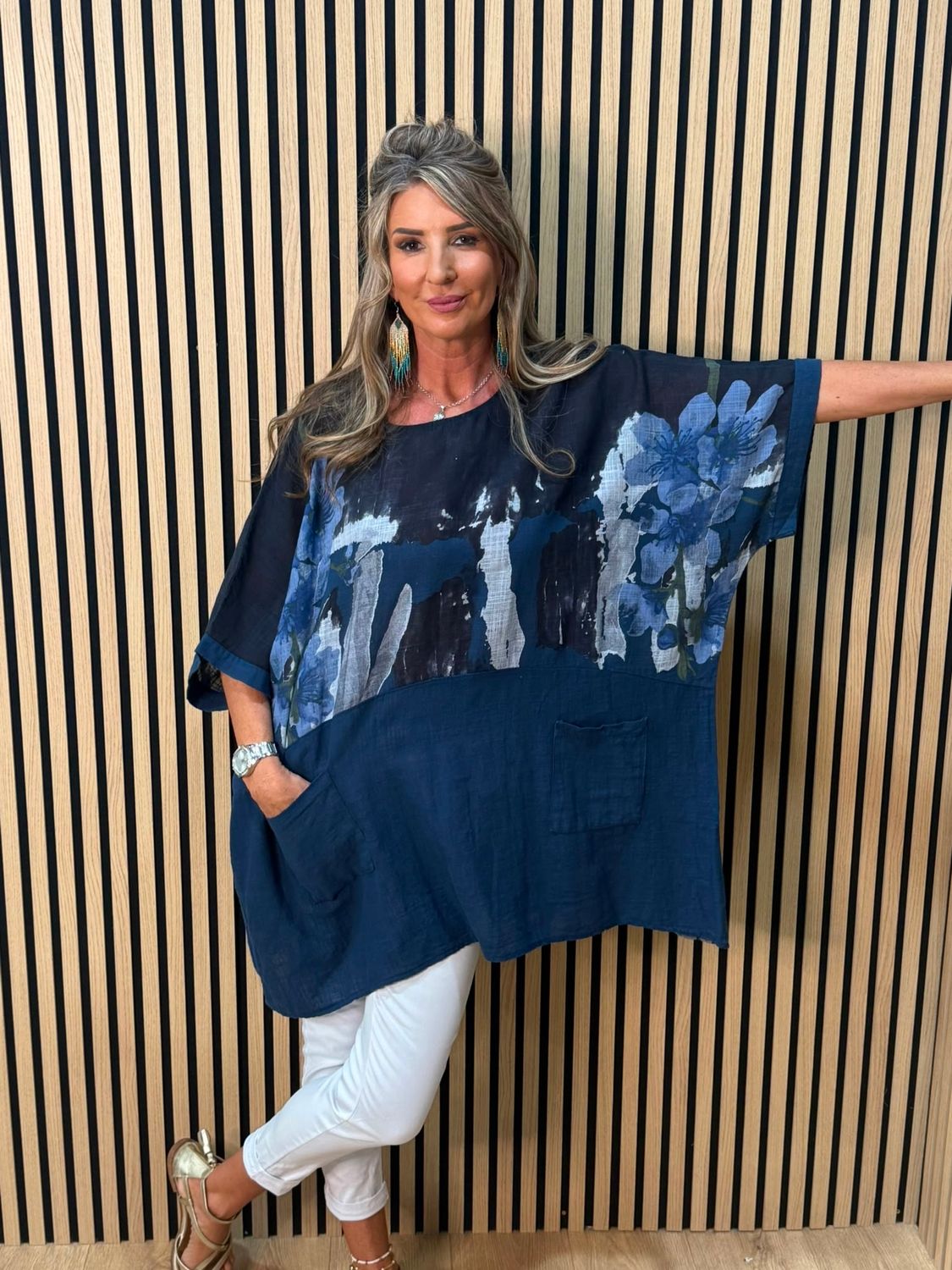 Floral Pocket Cotton Top – Navy