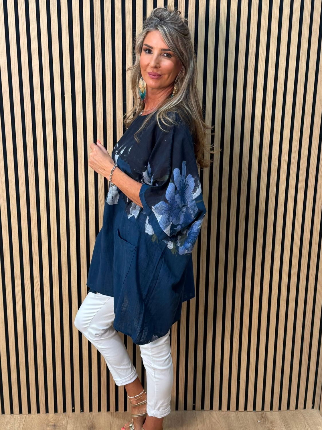 Floral Pocket Cotton Top – Navy