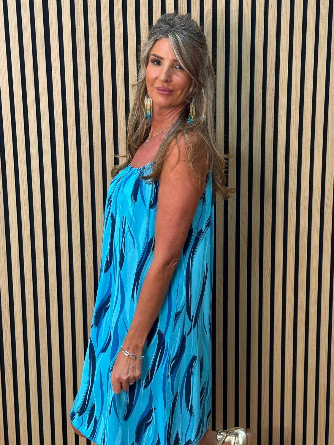 Abstract Print Strappy Dress – Blue