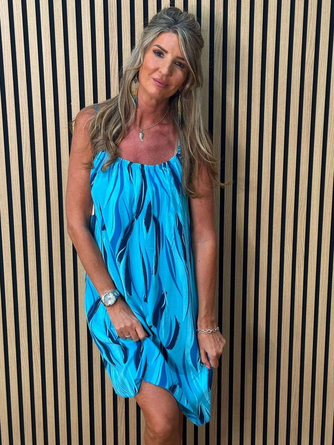 Abstract Print Strappy Dress – Blue