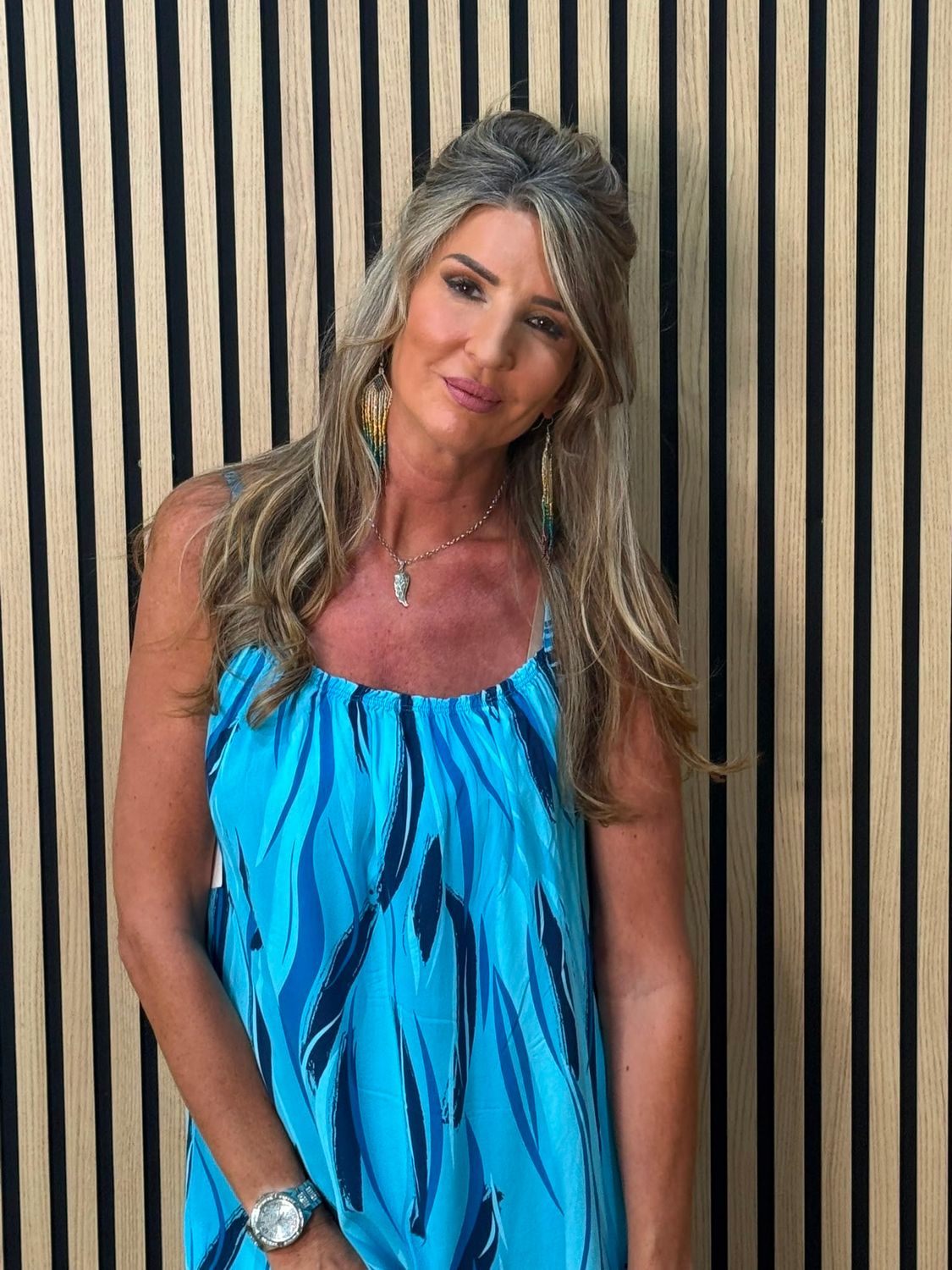 Abstract Print Strappy Dress – Blue
