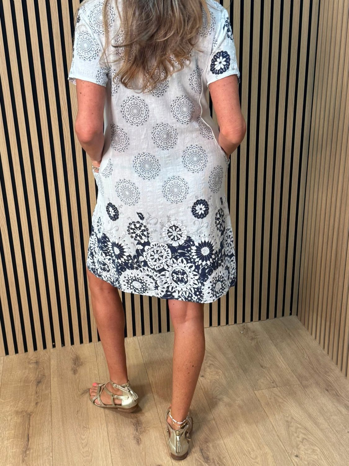 Floral Border Pocket Dress – White/navy