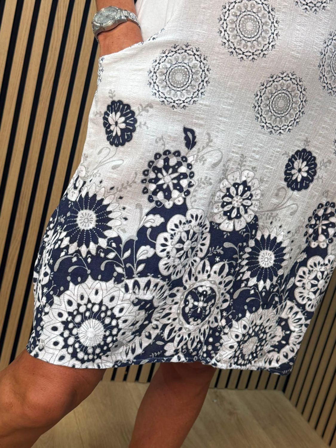 Floral Border Pocket Dress – White/navy