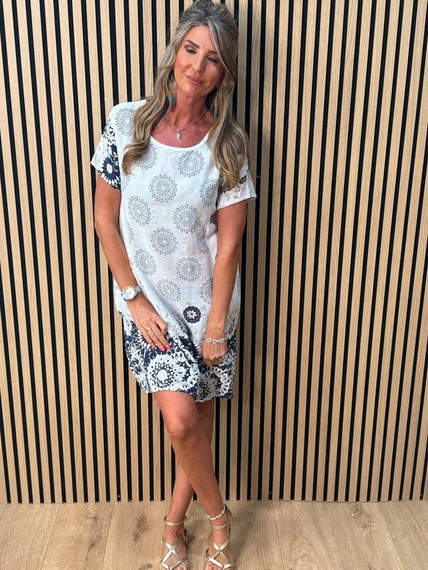 Floral Border Pocket Dress – White/navy