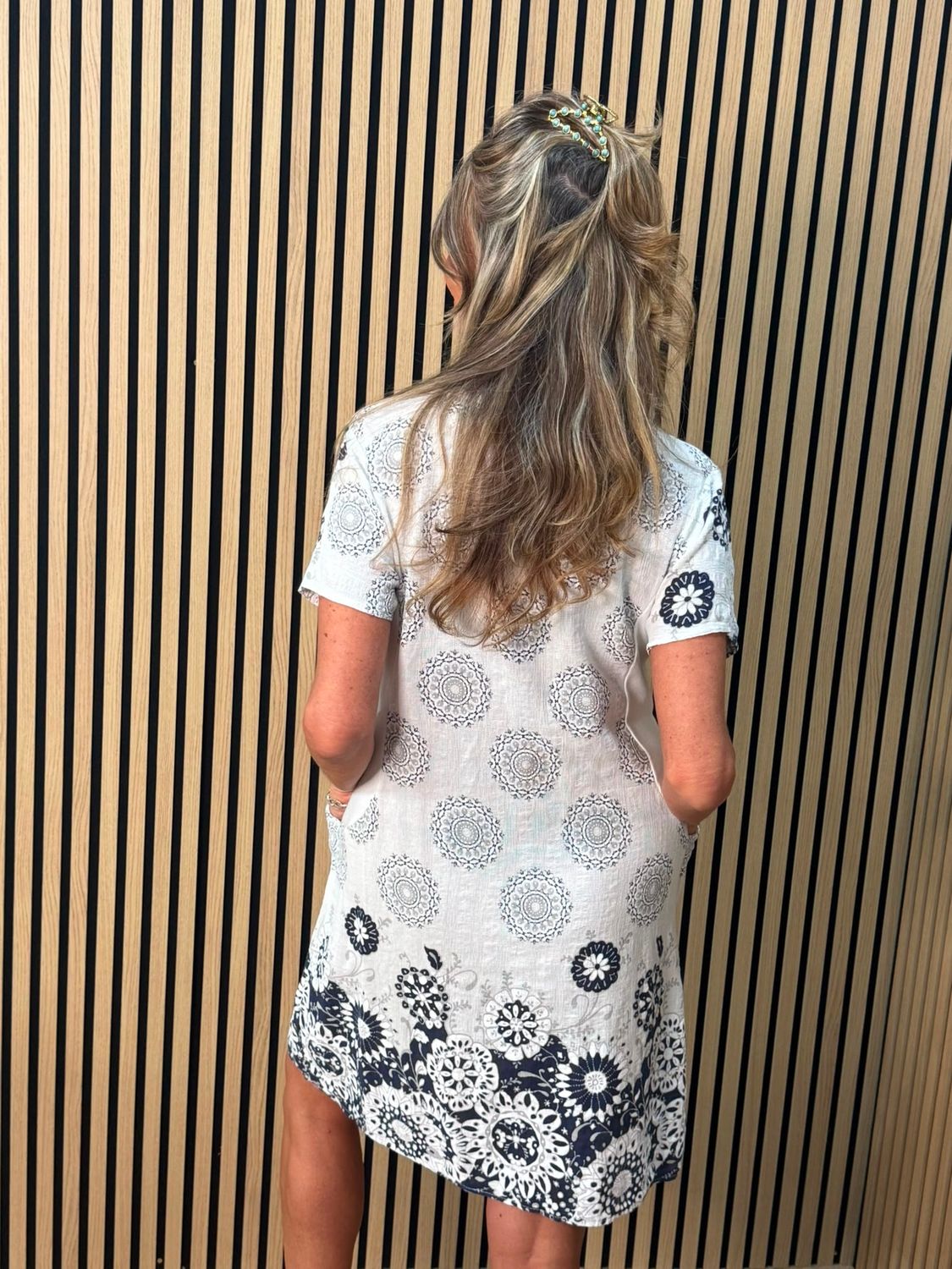 Floral Border Pocket Dress – White/navy