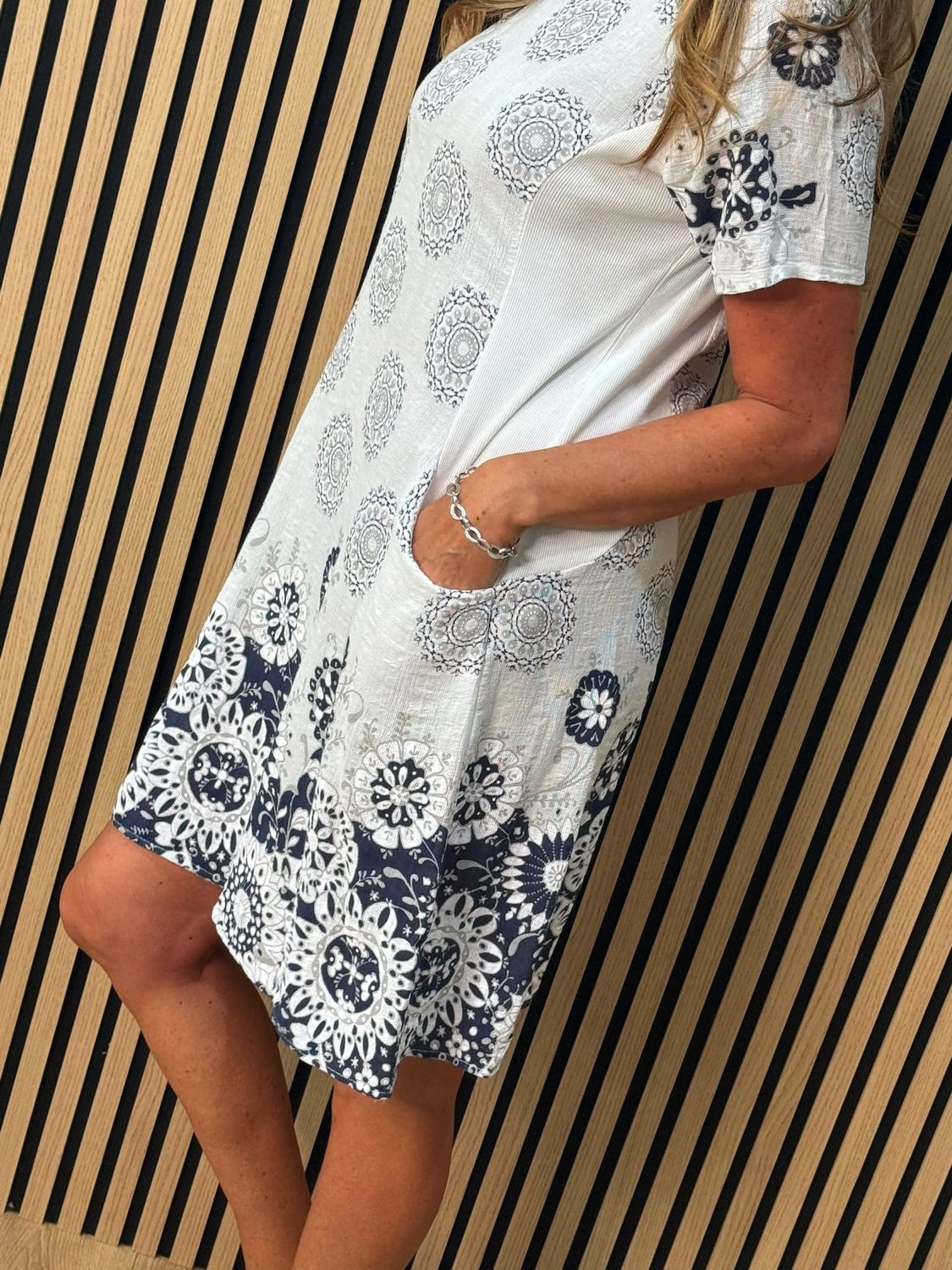 Floral Border Pocket Dress – White/navy