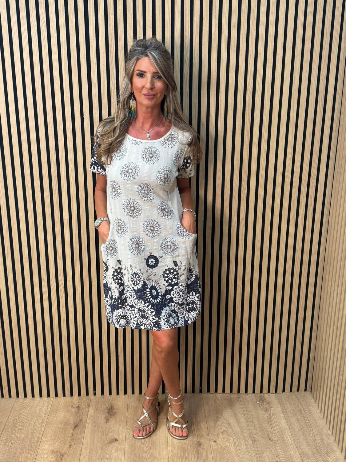 Floral Border Pocket Dress – Cream/Navy