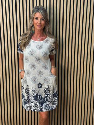 Floral Border Pocket Dress – Cream/Navy