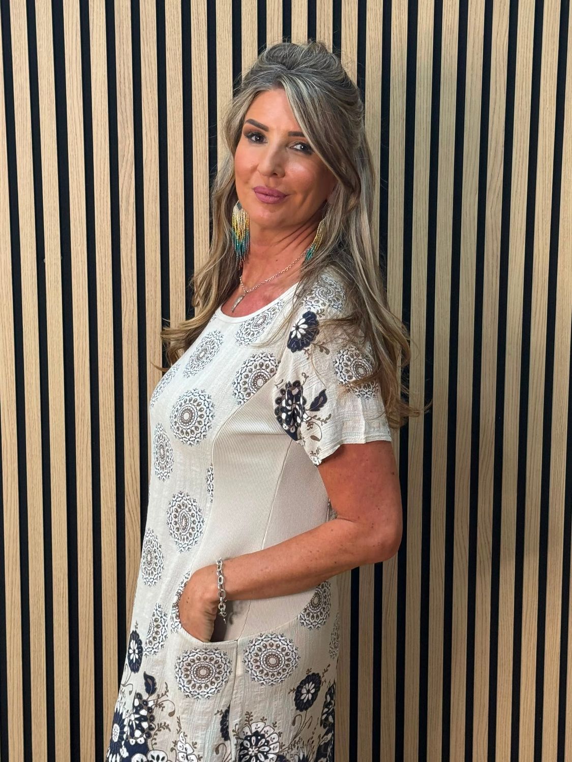 Floral Border Pocket Dress – Cream/Navy