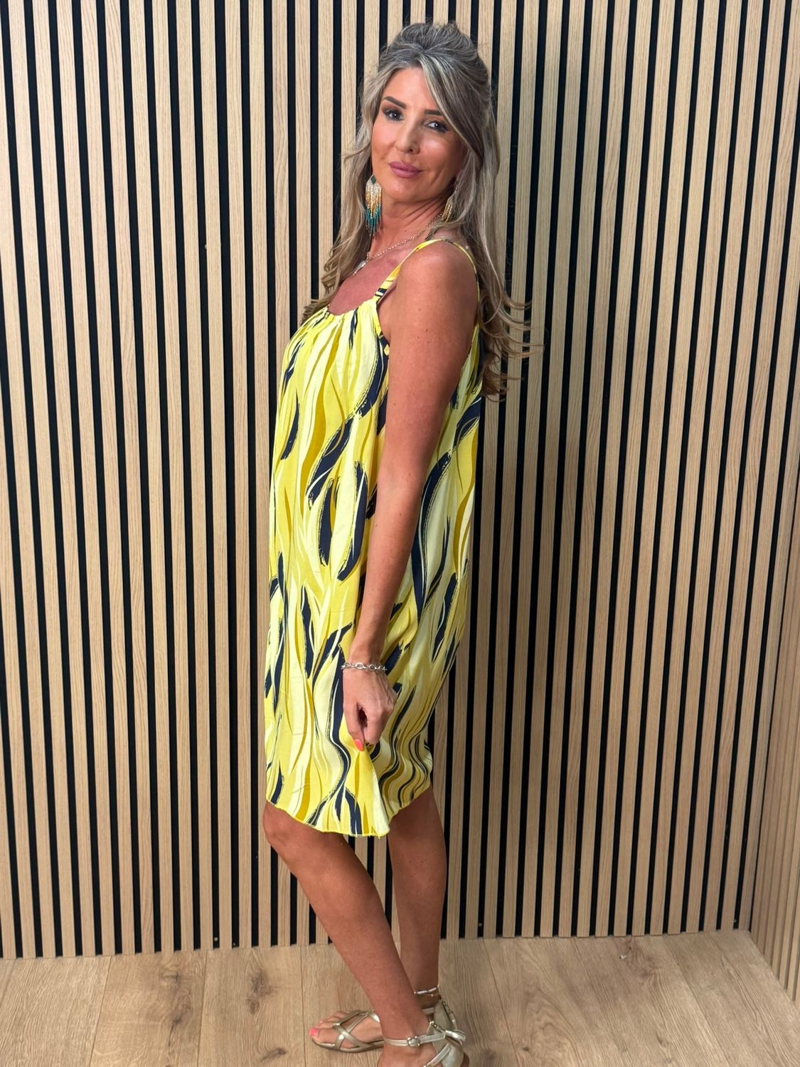 Abstract Print Strappy Dress – Yellow