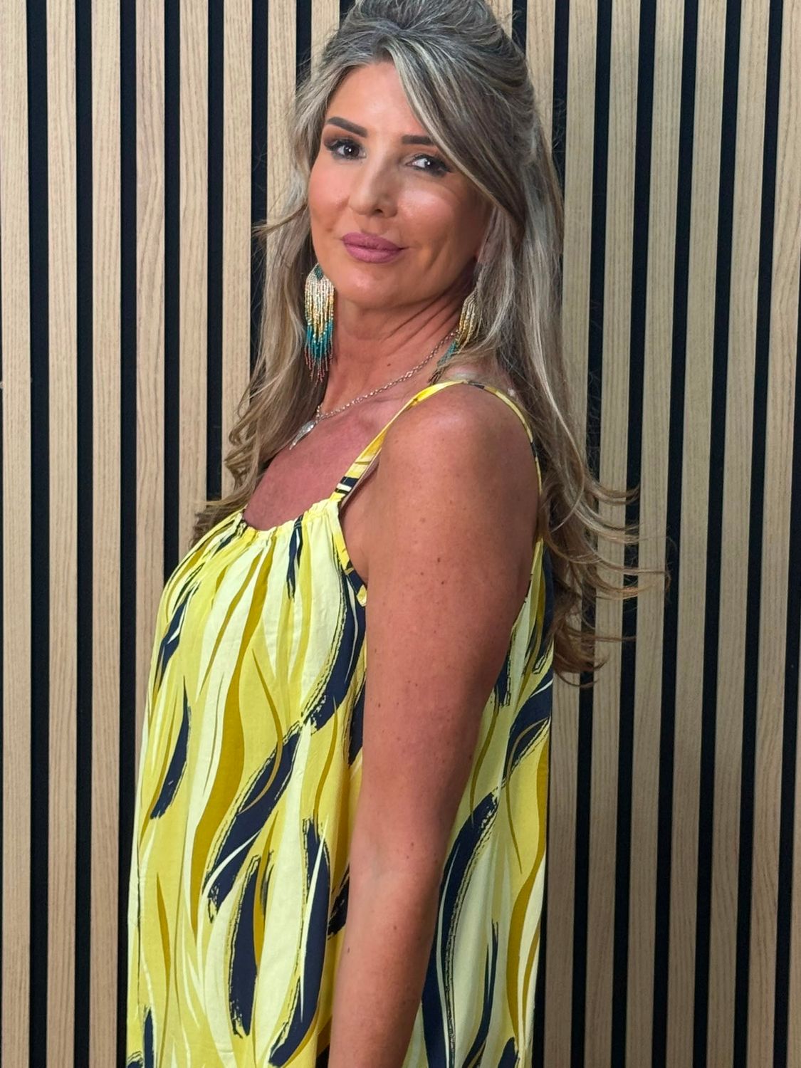 Abstract Print Strappy Dress – Yellow