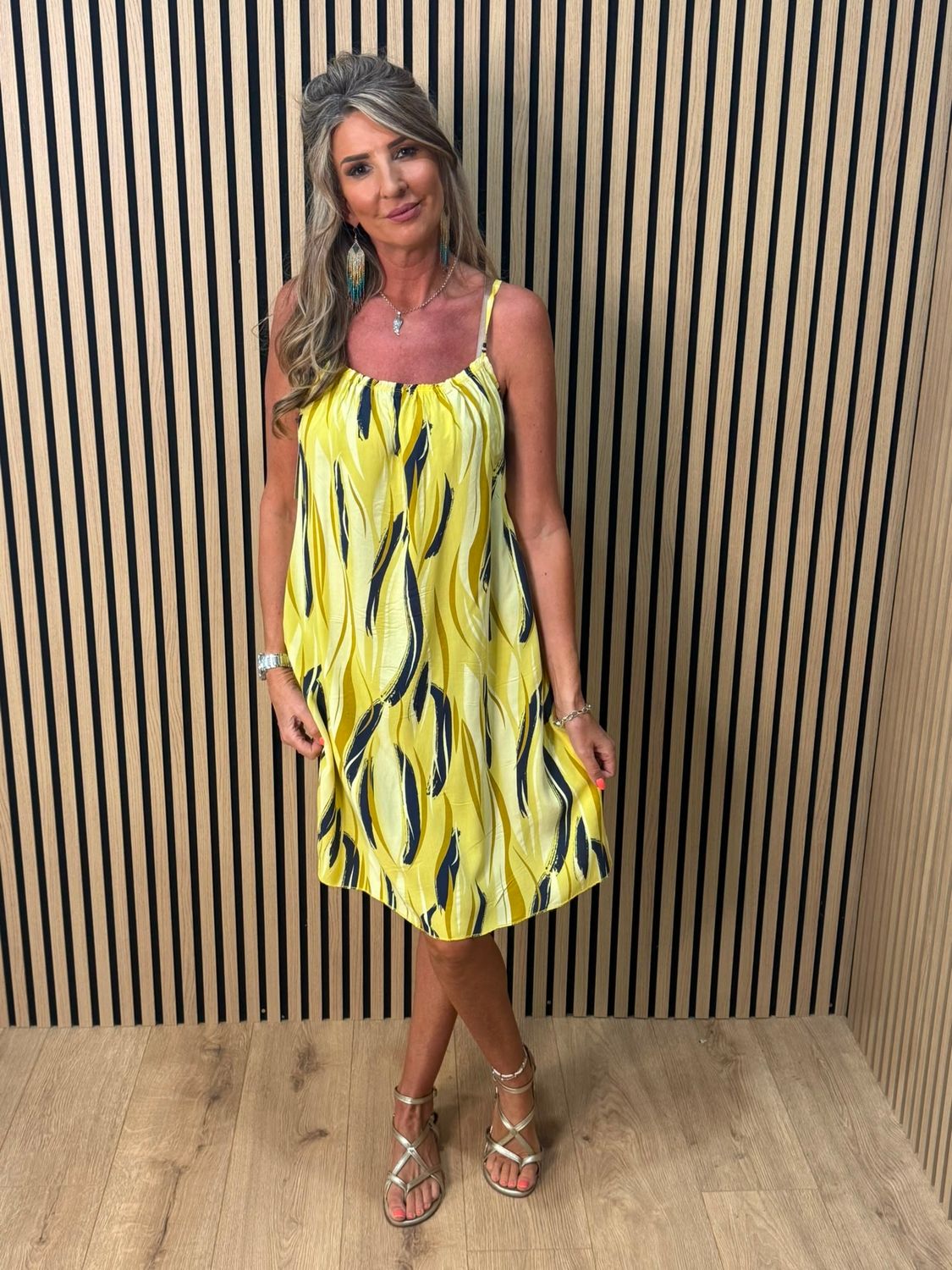 Abstract Print Strappy Dress – Yellow