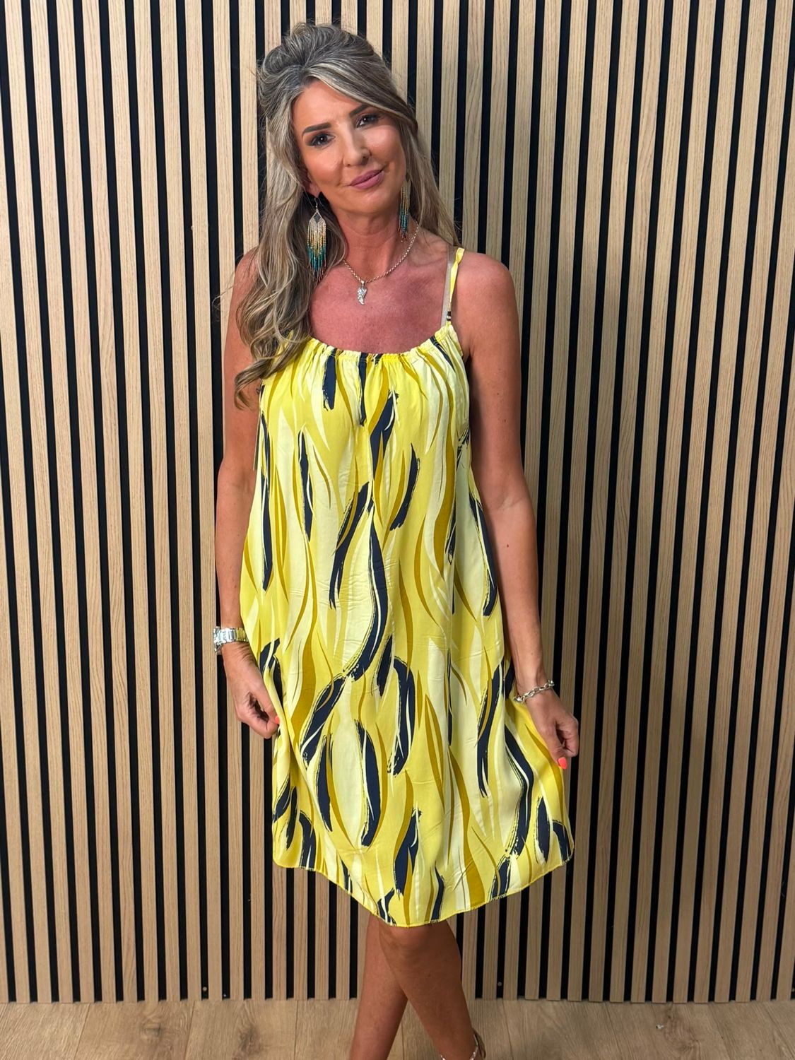 Abstract Print Strappy Dress – Yellow
