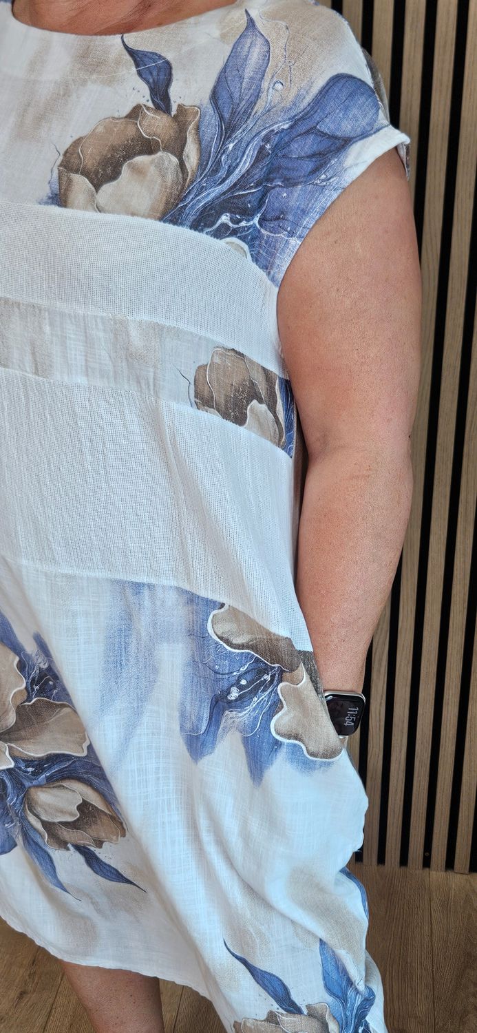 Floral Mesh Panel Cotton Dress – White/Blue