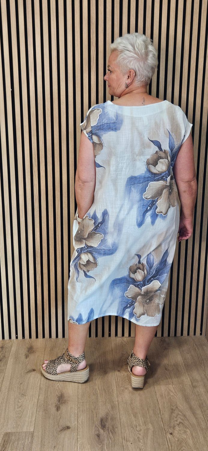 Floral Mesh Panel Cotton Dress – White/Blue