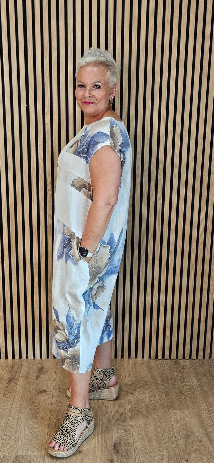Floral Mesh Panel Cotton Dress – White/Blue
