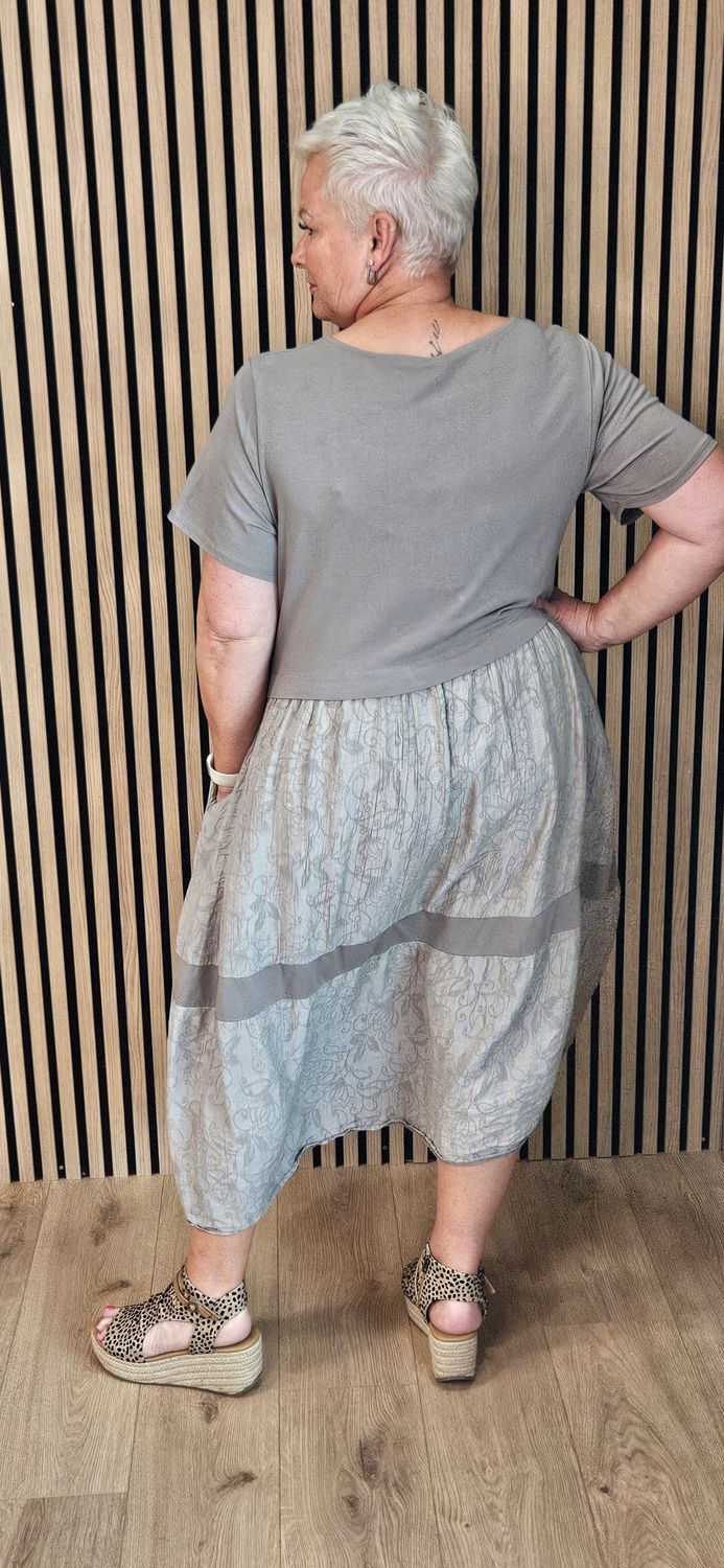 Mixed Fabric Pocket Dress – Taupe