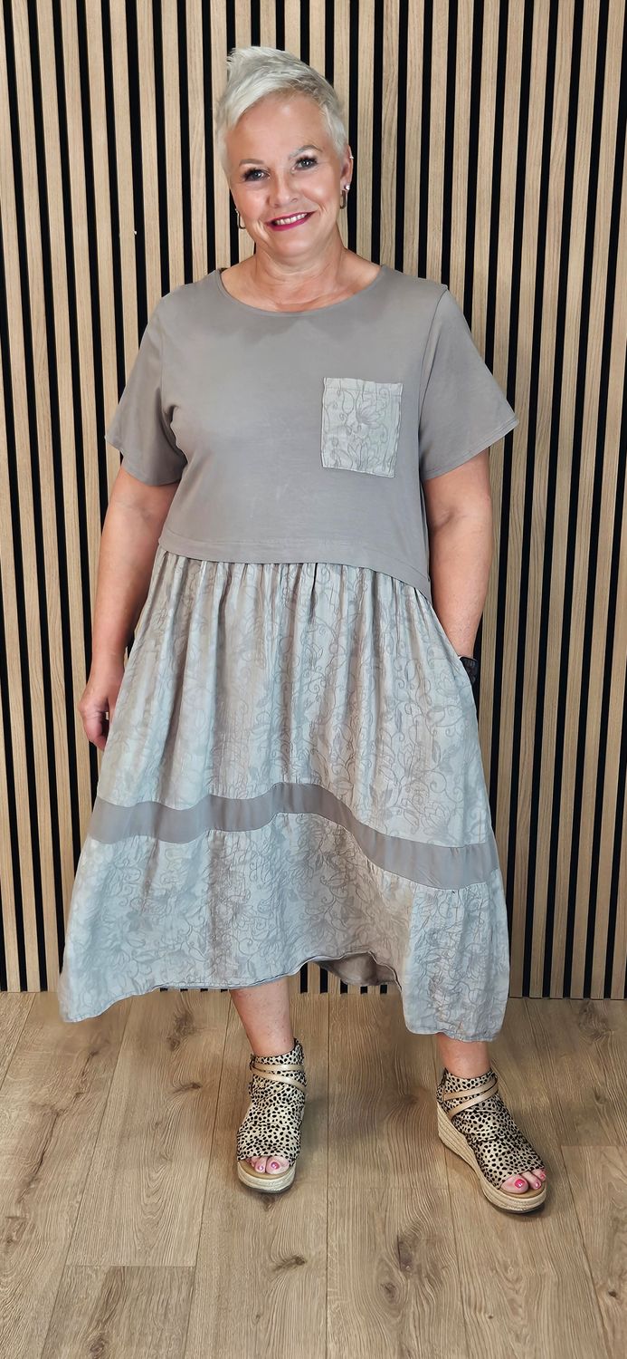 Mixed Fabric Pocket Dress – Taupe