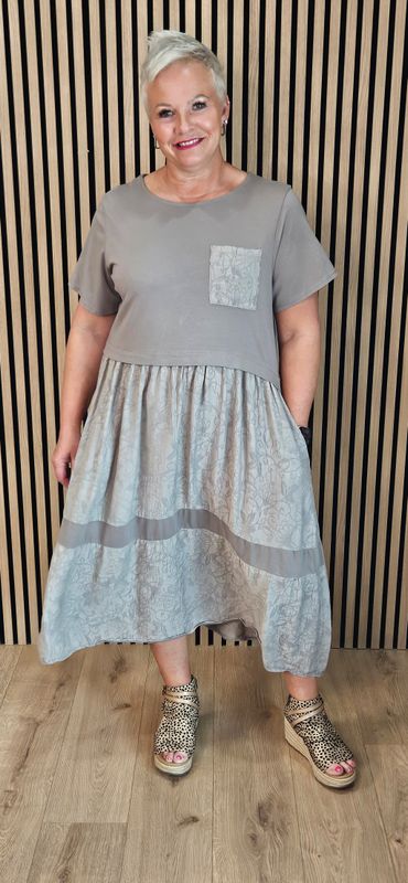Mixed Fabric Pocket Dress – Taupe