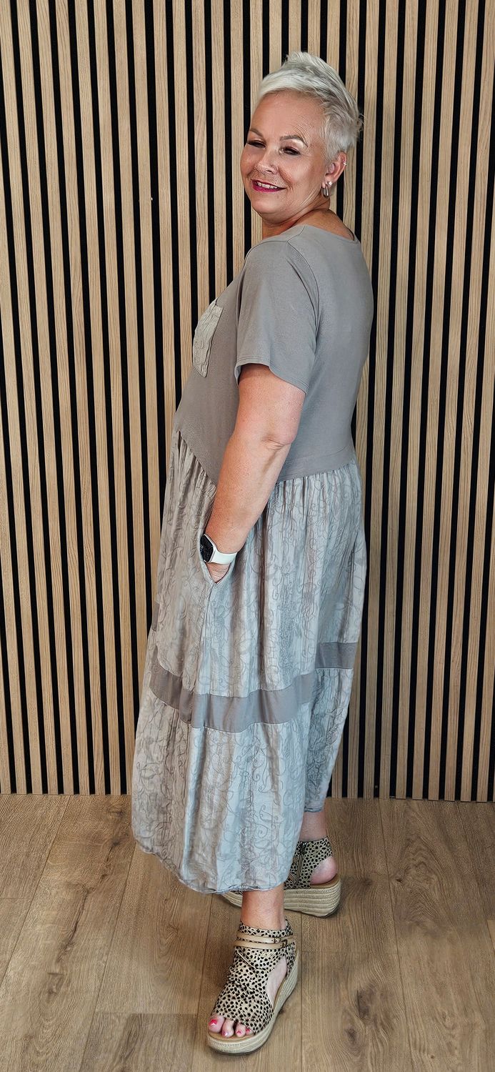 Mixed Fabric Pocket Dress – Taupe