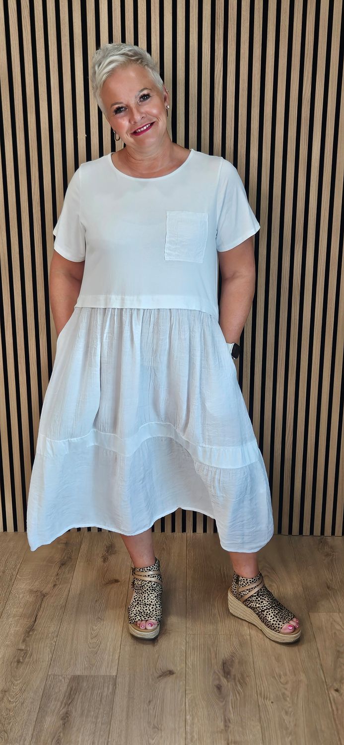 Mixed Fabric Pocket Dress - White 