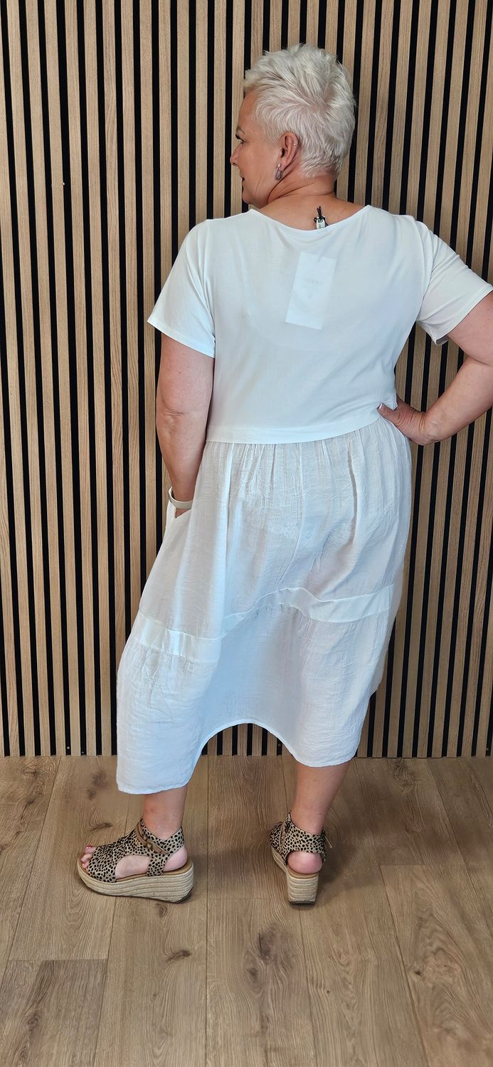 Mixed Fabric Pocket Dress - White 