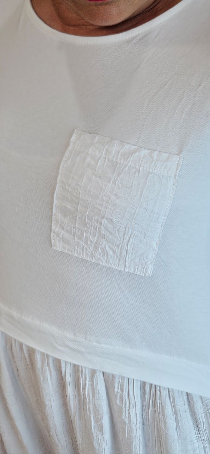 Mixed Fabric Pocket Dress - White 