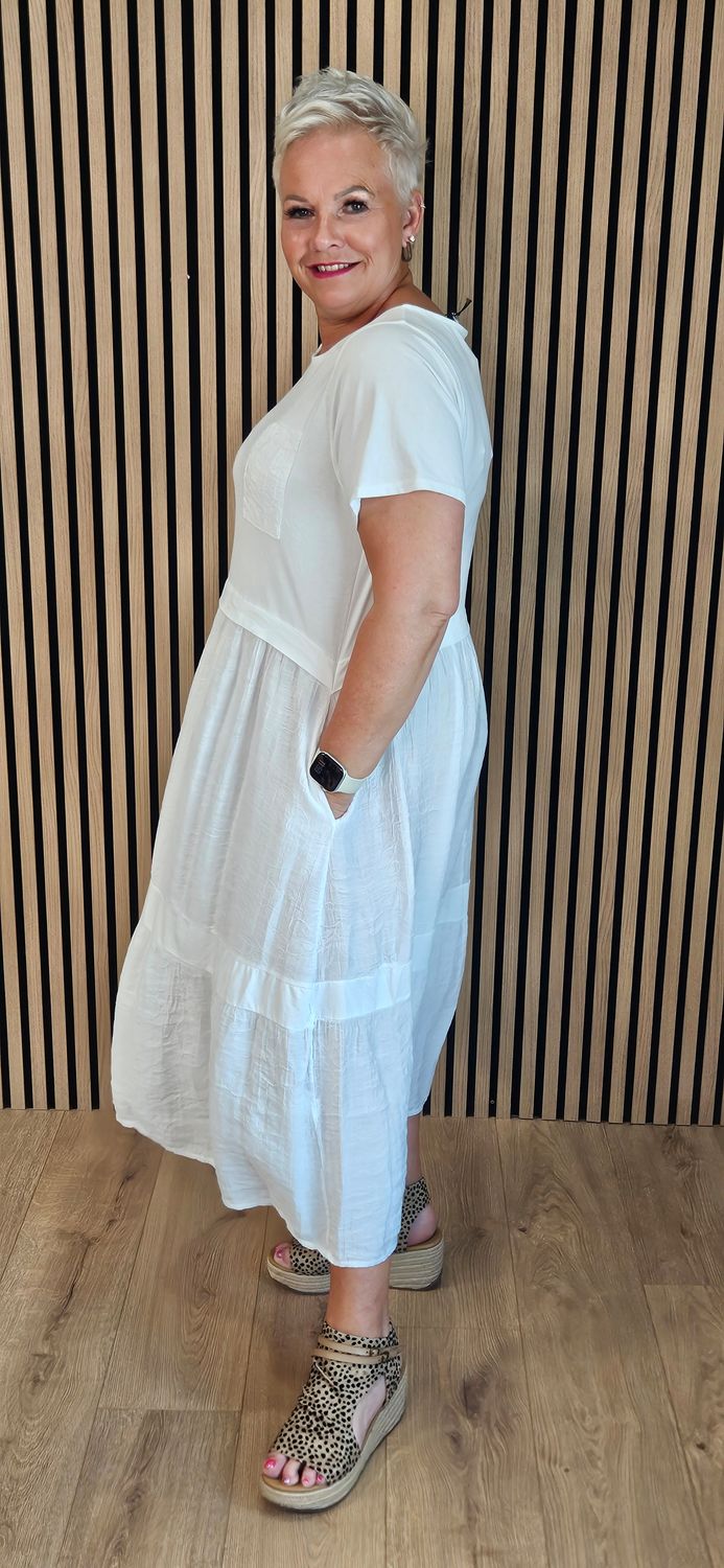 Mixed Fabric Pocket Dress - White 
