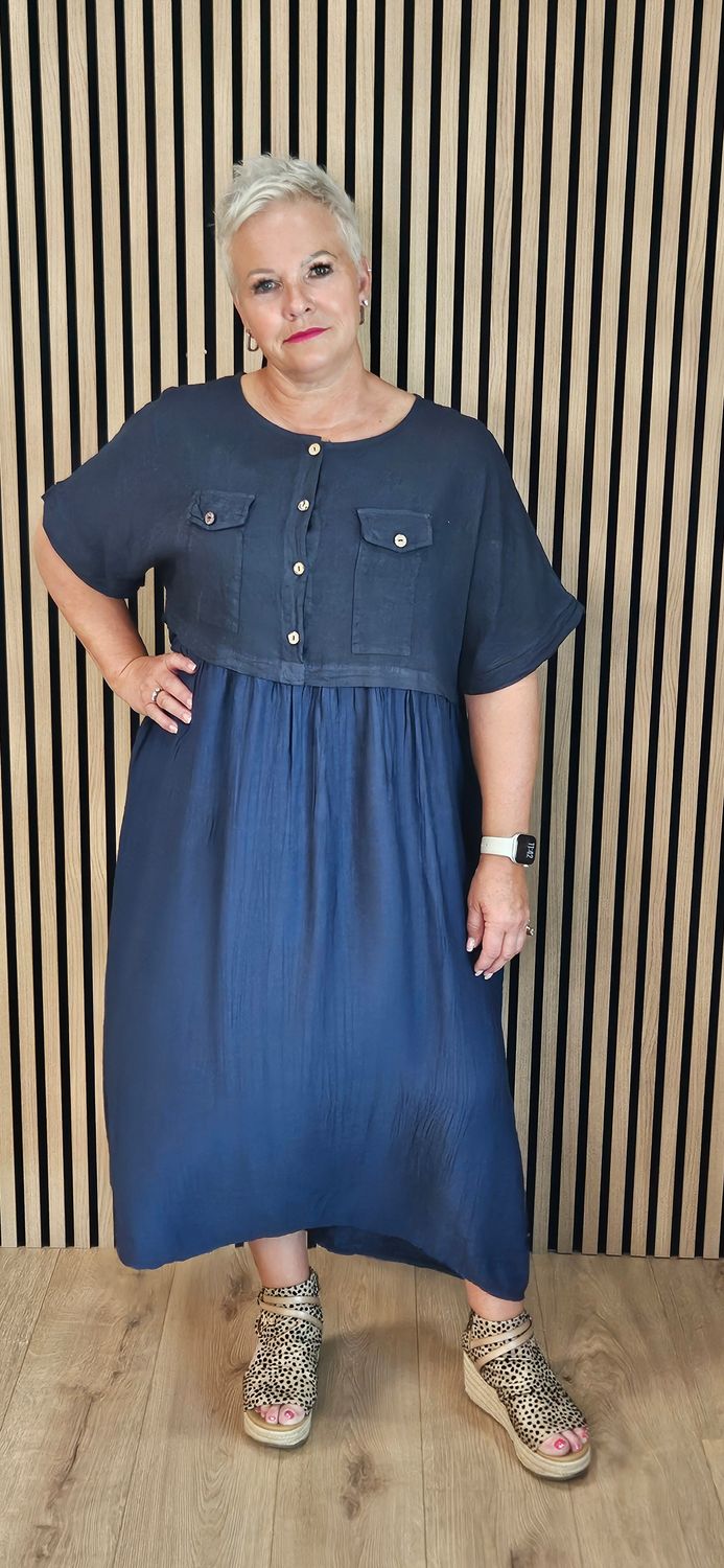 Linen Blend Pocket Midi Dress - Navy