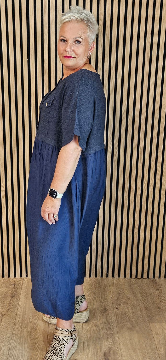 Linen Blend Pocket Midi Dress - Navy