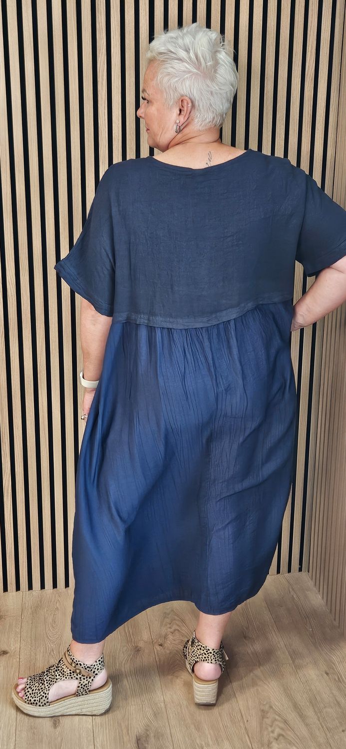Linen Blend Pocket Midi Dress - Navy
