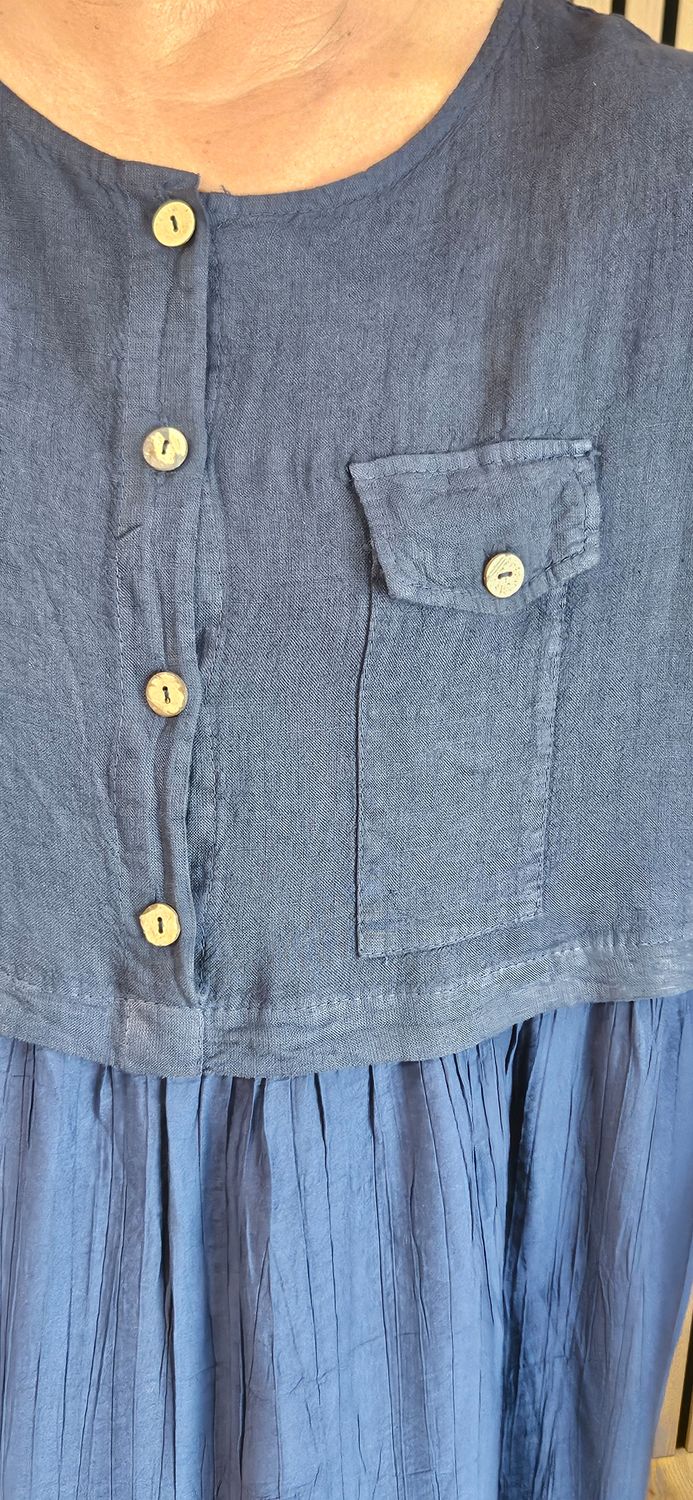 Linen Blend Pocket Midi Dress - Navy