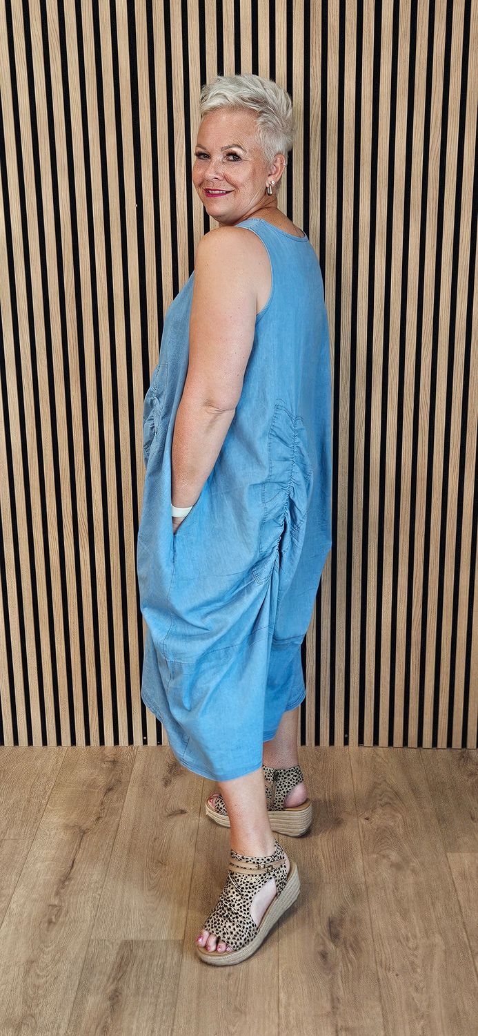 Ruched Detail Cotton Blend Dress - Denim