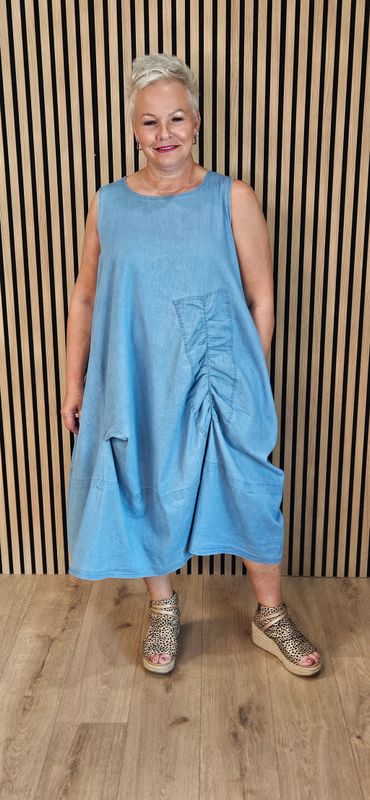 Ruched Detail Cotton Blend Dress - Denim