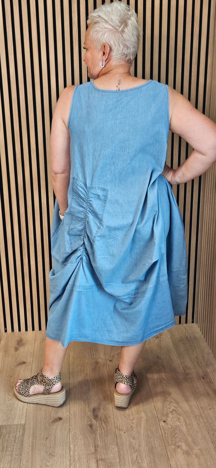 Ruched Detail Cotton Blend Dress - Denim