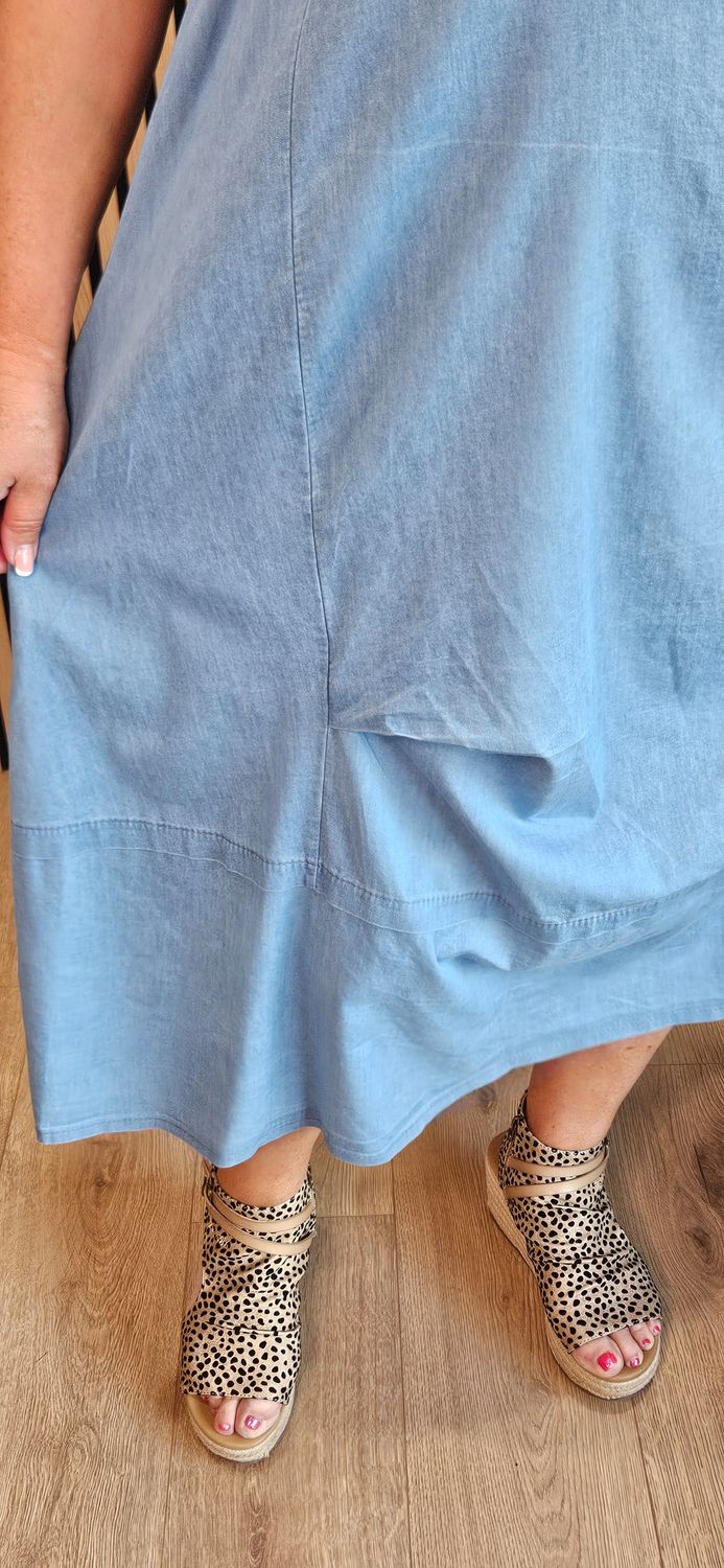 Ruched Detail Cotton Blend Dress - Denim