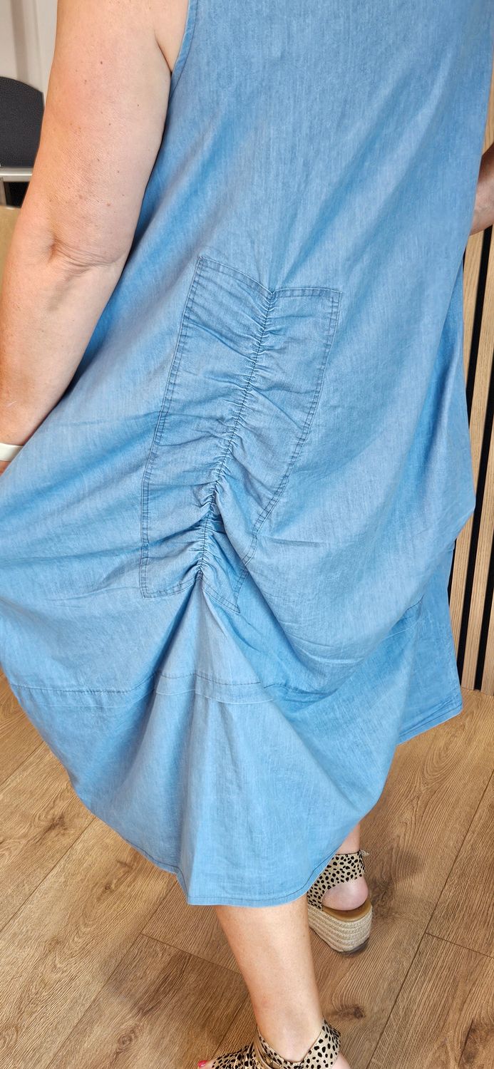Ruched Detail Cotton Blend Dress - Denim