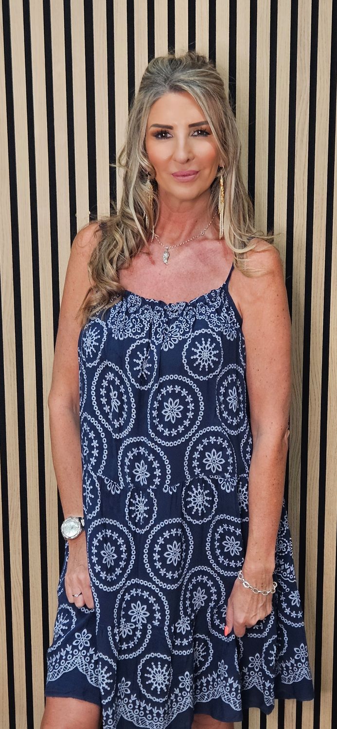 Embroidered Print Swing Dress – Navy