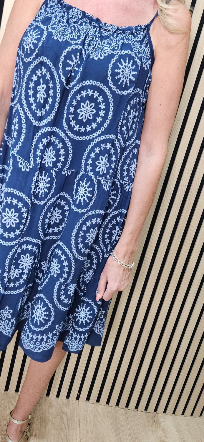 Embroidered Print Swing Dress – Navy