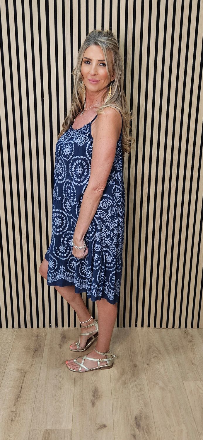 Embroidered Print Swing Dress – Navy