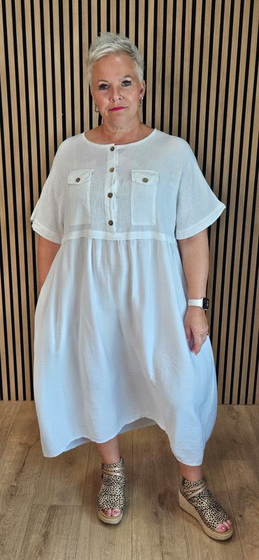Linen Blend Pocket Midi Dress –  White