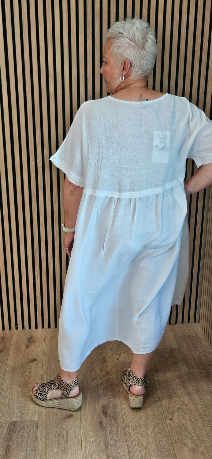 Linen Blend Pocket Midi Dress –  White